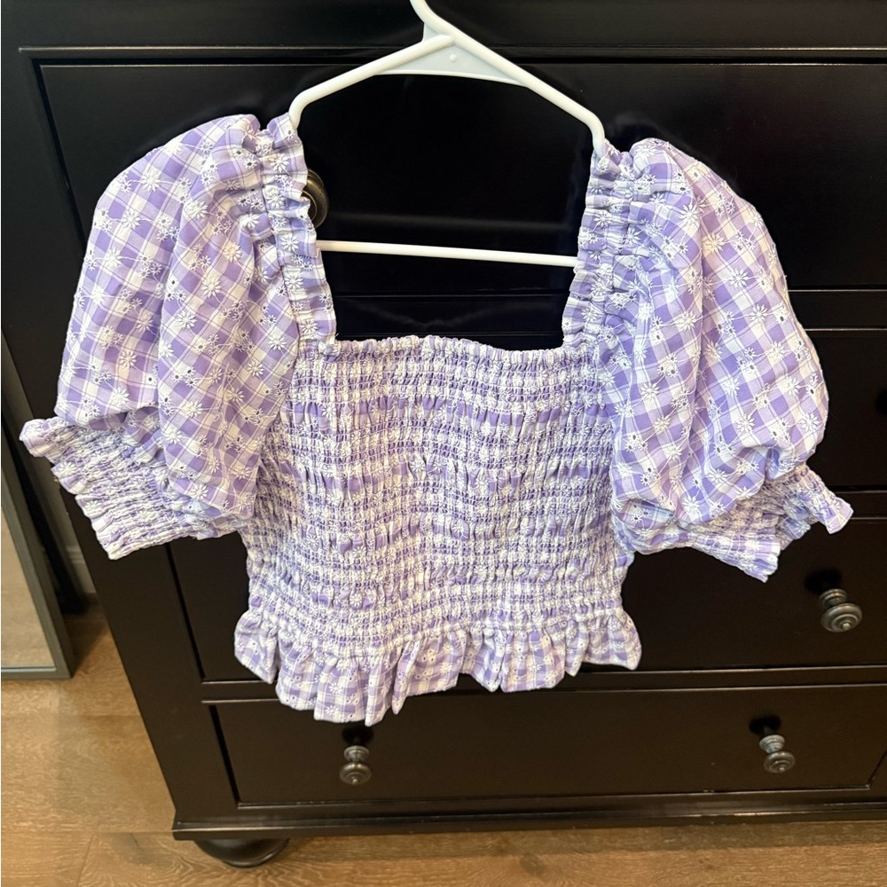 Smocked Puff-Sleeve Top - Lavender Gingham - Picture 2 of 3